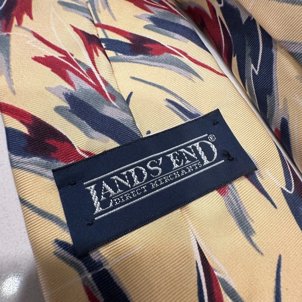 Vintage Lands End Tie Floral Abstract 100% Silk USA Made Hand Sewn Old Money‎